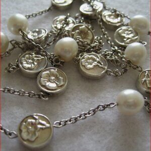 Tiffany & Co 34" Pearl Necklace Nature Rose Sterling Silver with Case RARE